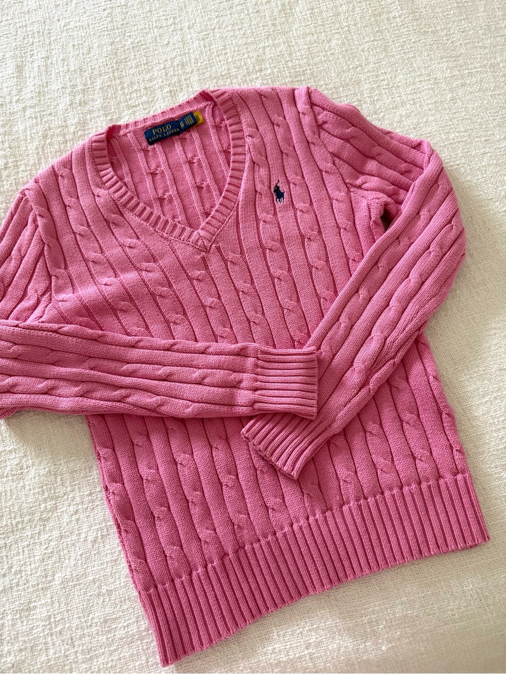 Ralph Lauren Pink Cable-Knit V-Neck Sweater with Navy Logo Tag